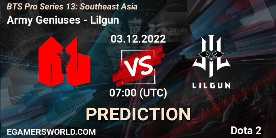 Pronóstico Army Geniuses - Lilgun. 03.12.22, Dota 2, BTS Pro Series 13: Southeast Asia