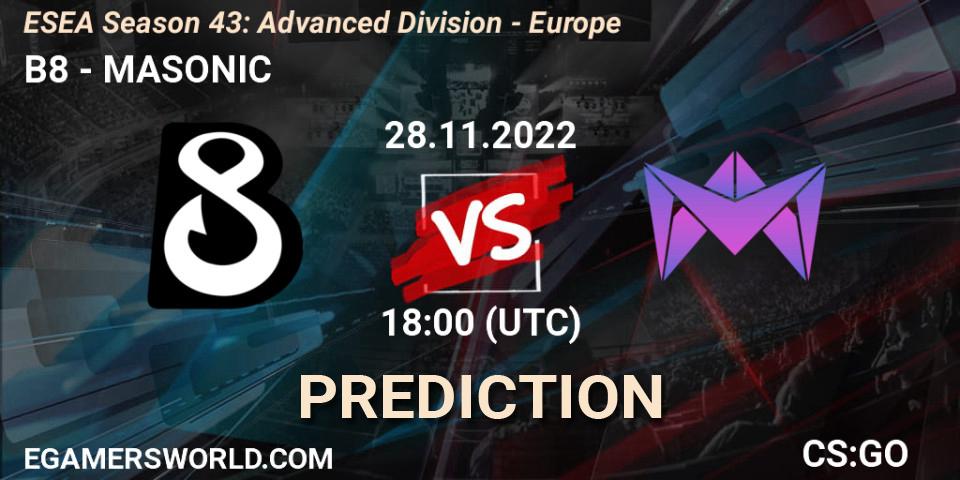 Pronóstico B8 - MASONIC. 28.11.22, CS2 (CS:GO), ESEA Season 43: Advanced Division - Europe